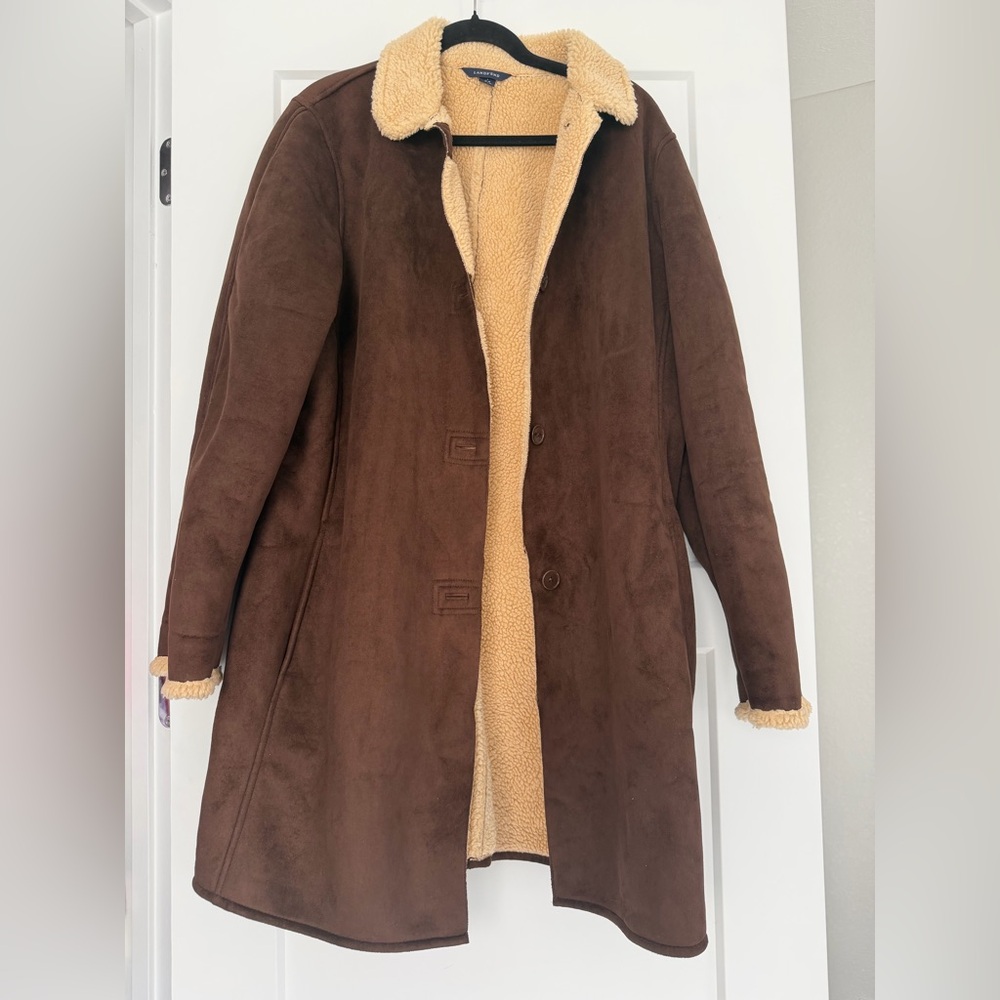 Lands' End Women’s Brown Teddy‎ Faux Suede & Shearling Knee Length Jacket, Large
